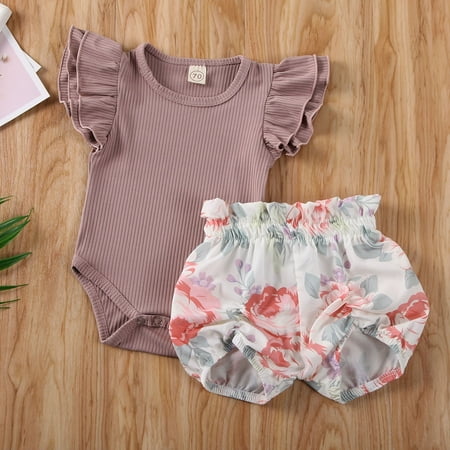 Infant Baby Girl Floral Clothes Short Sleeve Letters Bodysuit Romper Tops Ruffle Bowknot Shorts Bloomers 3Pcs Summer Outfits